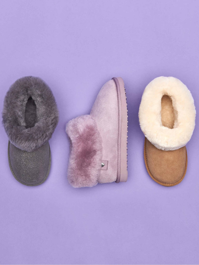 Metallic / Grey Ladies' sheepskin ankle slipper boots - GAMBIER PEWTER