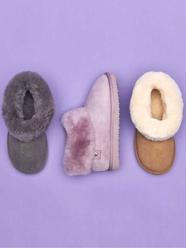 Metallic / Grey Ladies' sheepskin ankle slipper boots - GAMBIER PEWTER