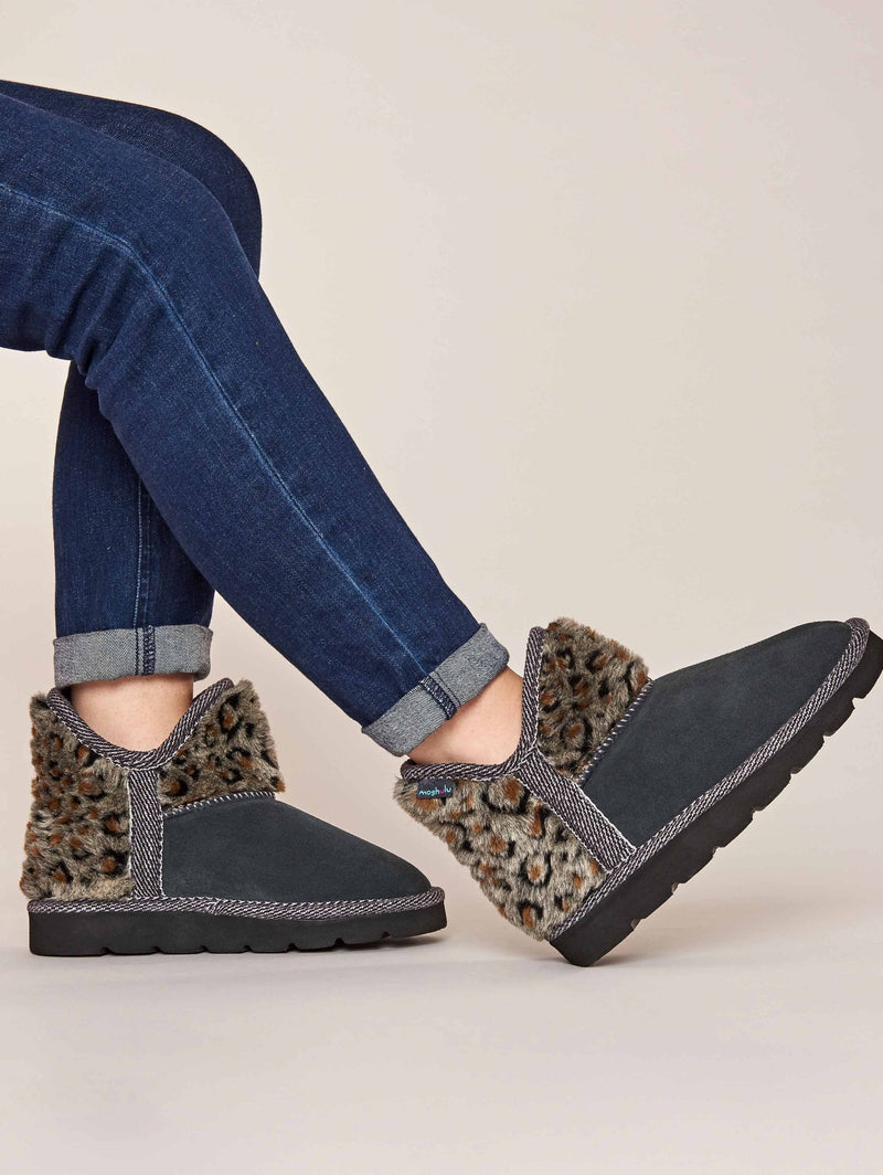 Grey animal print fluffy bootie slippers - SNOWMAN 3 GREY