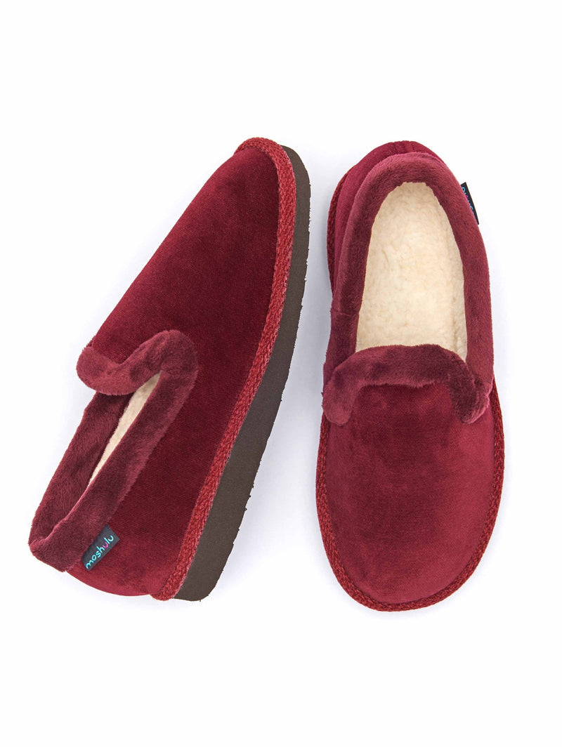 Red velvet fluffy lined full slippers - MONTREAL BURGUNDY