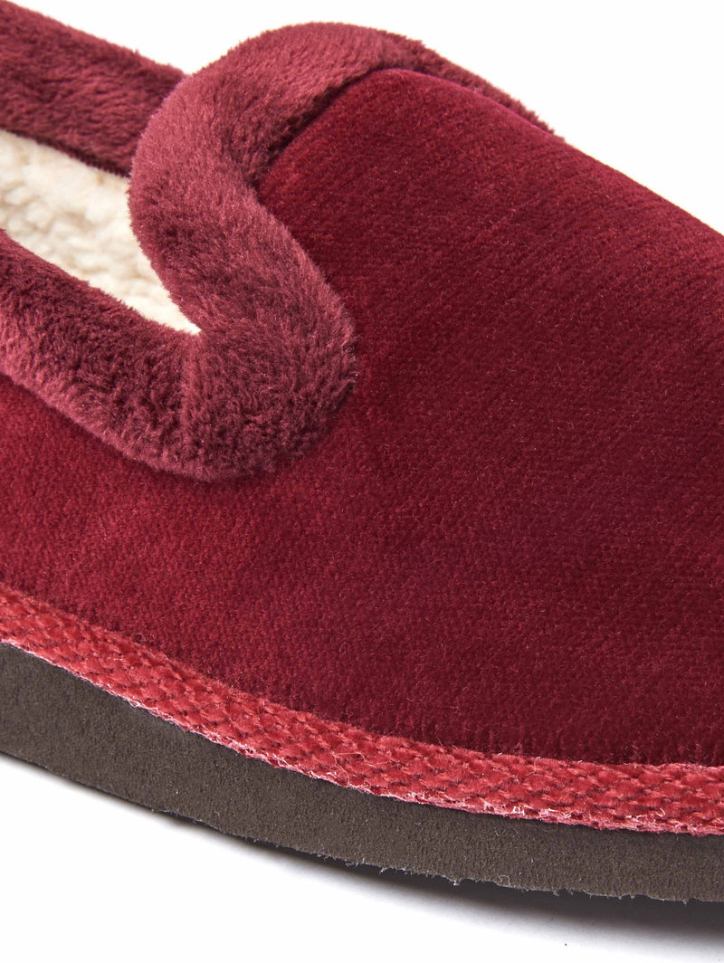Red velvet fluffy lined full slippers - MONTREAL BURGUNDY