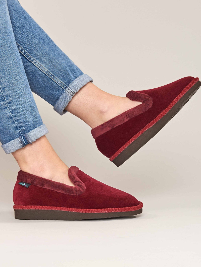 Red velvet fluffy lined full slippers - MONTREAL BURGUNDY