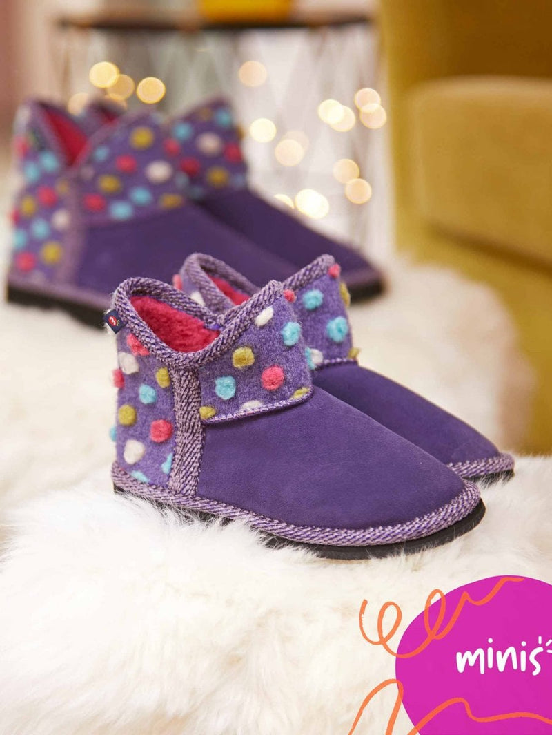 Purple kids spotty bootie slippers - MINI FIRESIDE VIOLET