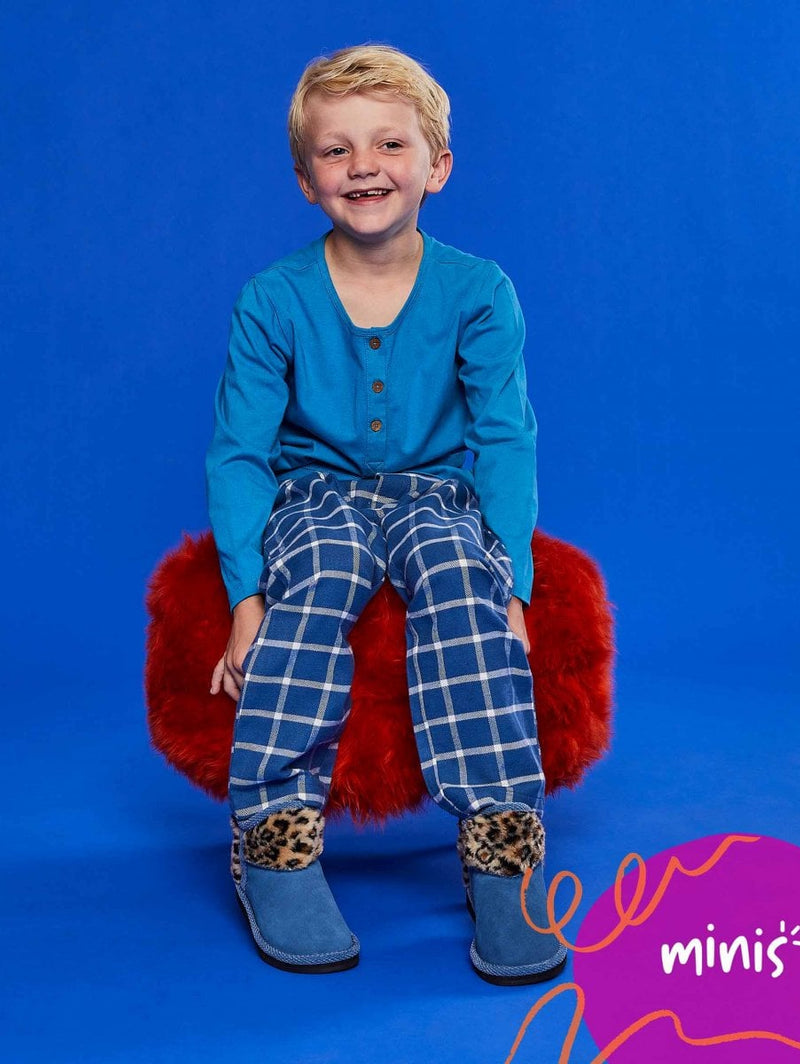 Blue kids animal print fluffy bootie slippers - MINI SNOWMAN DENIM