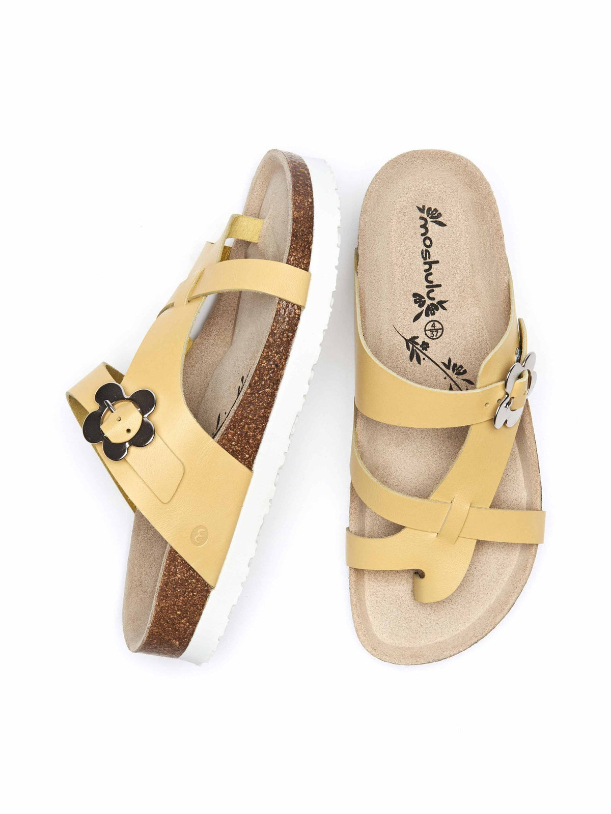 Yellow leather cork sandal with floral buckle - ROSA PRIMROSE YELLOW