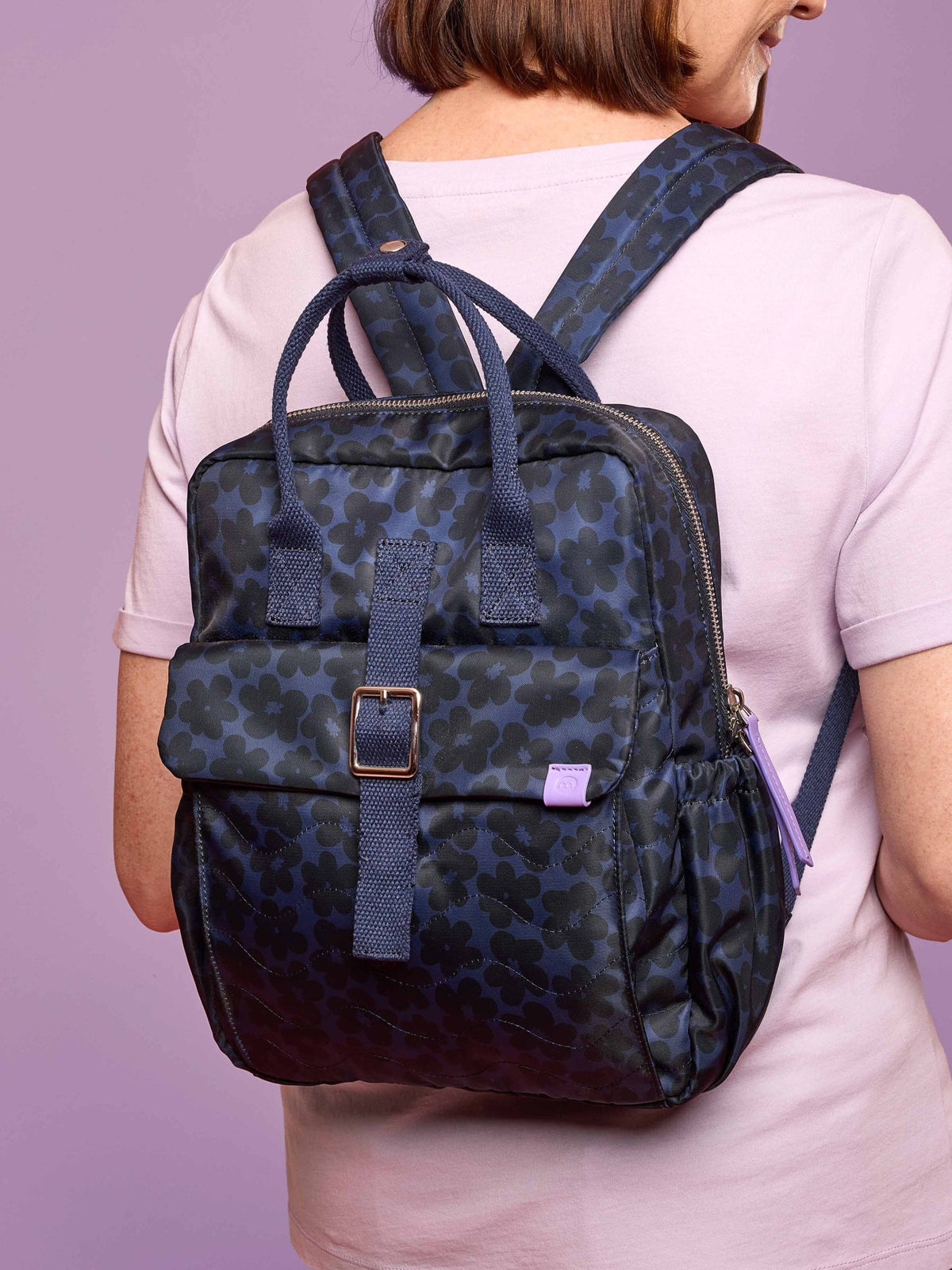 Blue textile patterned backpack - NEVIS INDIGO FLORAL