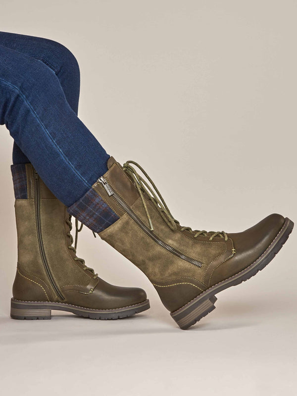Green mid calf lace up boot - HELGA OLIVE GREEN WAXY