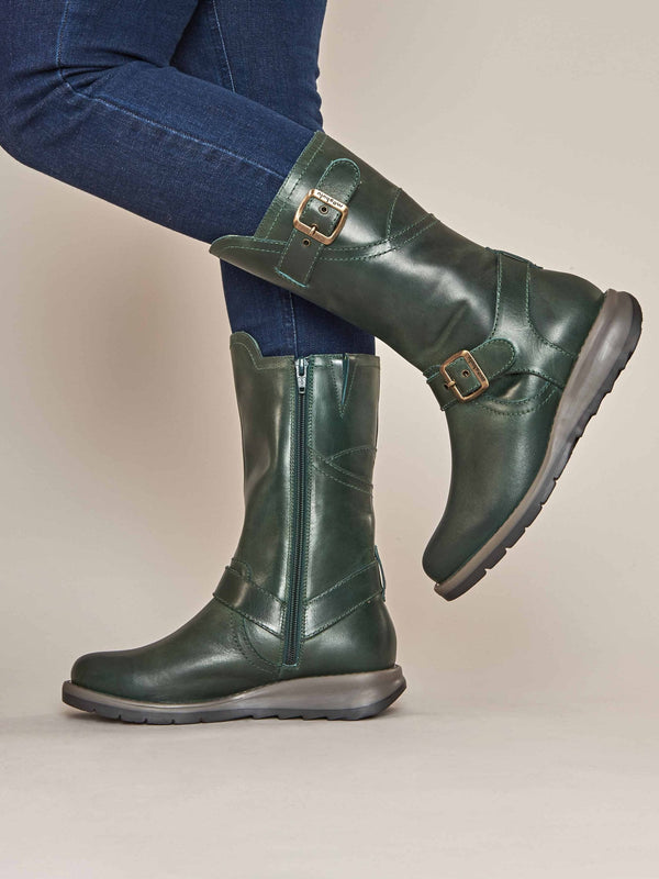 Green wedge mid-length leather boots - NIGHTJAR PINE GREEN