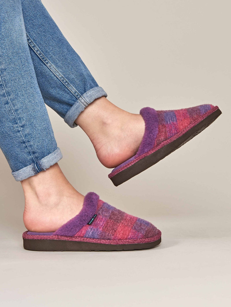 Purple felted plaid mule slippers - RENFREW PLUM PLAID