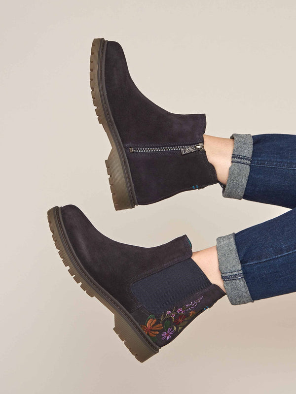 Blue embroidered suede Chelsea boot - SKERRY 2 FLORAL INDIGO SUEDE