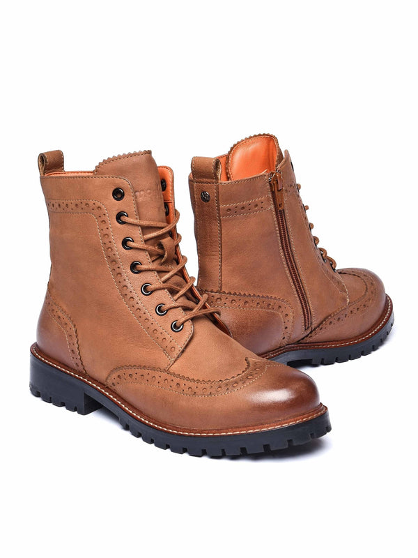 Brown fluffy lined leather brogue boot - FILICO WARMLINED TAN NUBUCK