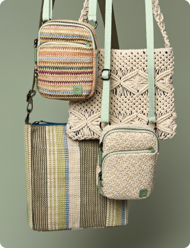 Set of woven bags including a crossbody, small pouch, and phone case on a gray background.
