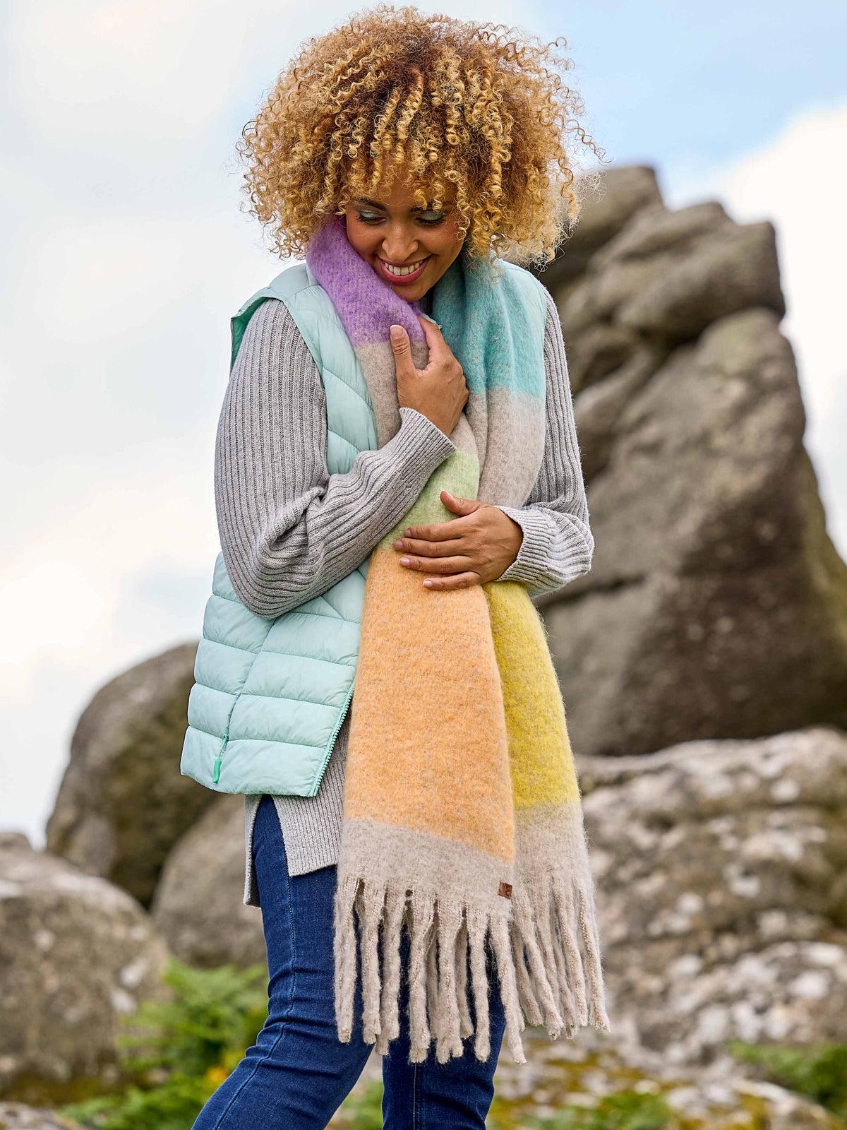 Multi / Neutral ladies' colourblock scarf - CASPIA PEBBLE GREY PASTEL MULTI