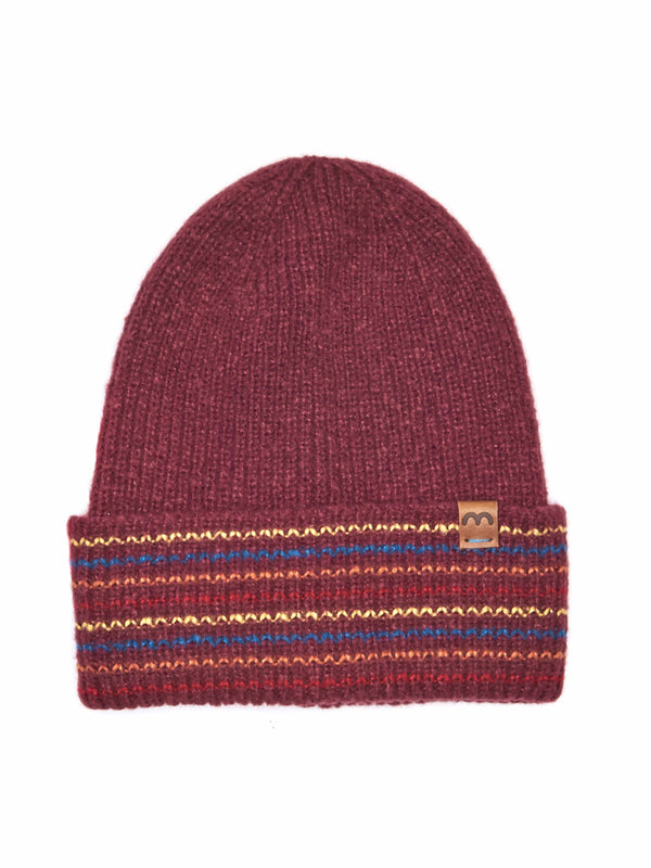 Red ladies' stripy knitted beanie hat - CHAFFINCH HAT ZINFANDEL RED MULTI
