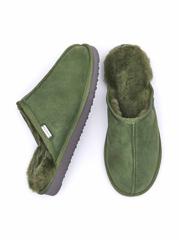 Green men's luxury sheepskin mule slipper - FOXTAIL OLIVE GREEN