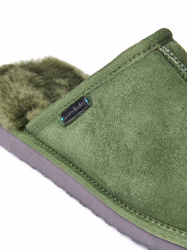 Green men's luxury sheepskin mule slipper - FOXTAIL OLIVE GREEN
