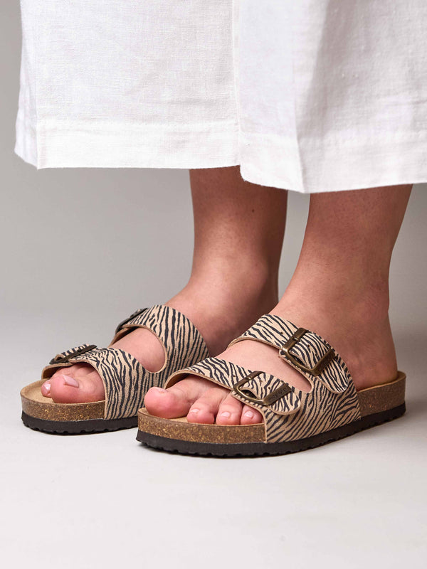 DANUBE 2 ZEBRA PRINT | Animal print leather cork footbed sandals ...
