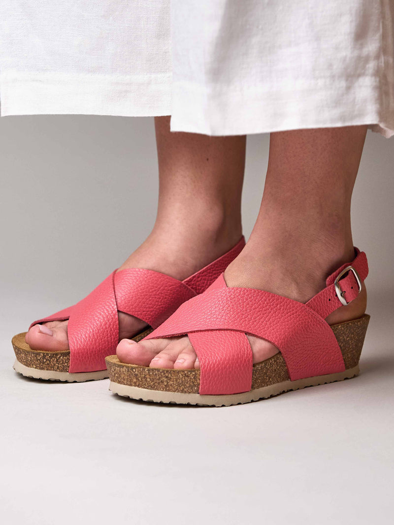 Pink slingback cork wedge sandals - HARLYN CORAL PINK LEATHER