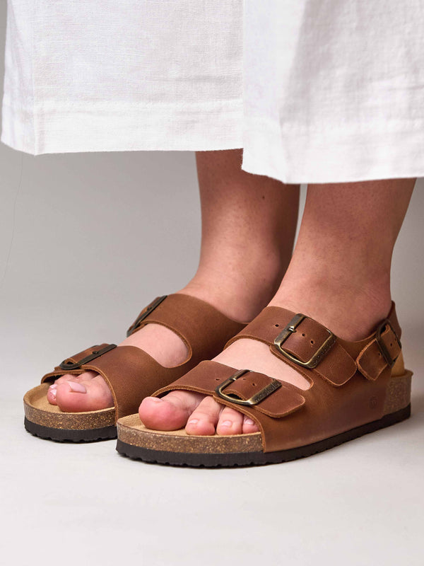 PALME TAN WAXY LEATHER | Brown multistrap leather cork footbed sandals ...