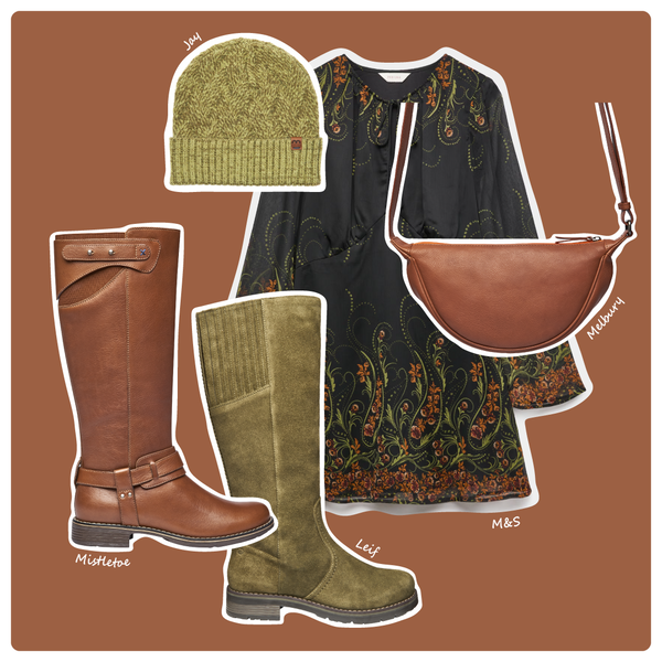 A styled outfit collage on a brown background showing multiple fashion items with handwritten brand labels: a green knit beanie, a black patterned long-sleeve top, a brown crescent shoulder bag, a brown leather knee-high boot, and olive green suede boots. The labels read Jay, Mistletoe, Leif, and M&S.