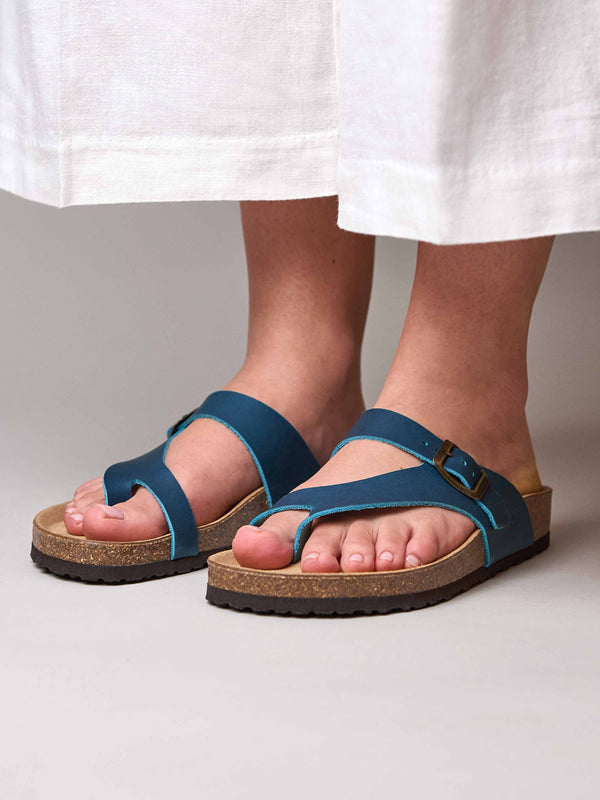 WILMA WAXY MARINE TEAL | Blue toe-post cork footbed sandals | Moshulu ...