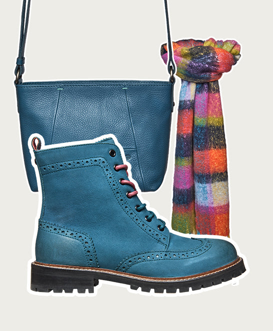 Blue / Green lace up leather brogue boots - FILICO LAGOON NUBUCK