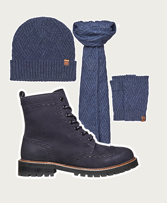 Blue fluffy lined leather brogue boot - FILICO WARMLINED INDIGO NUBUCK