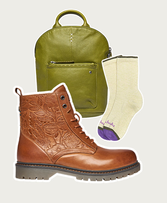 Brown ladies' embossed lace-up worker boots - FIORD 3 TAN