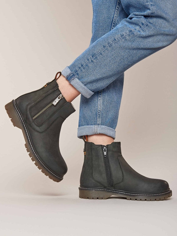 Black Leather fleece lined ankle boots - HATTER BLACK