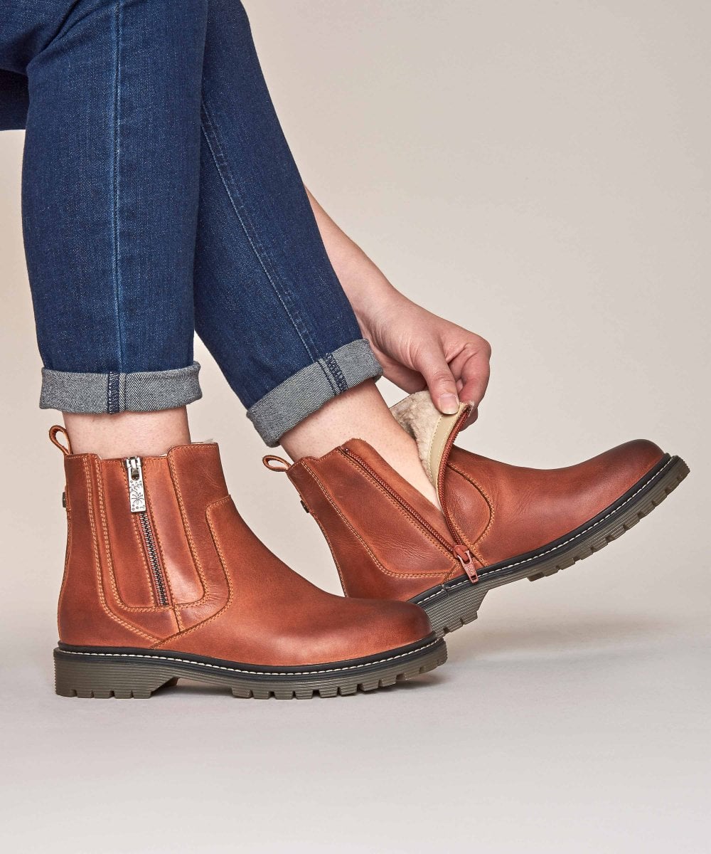 Orange / Red / Brown Leather fleece lined ankle boots - HATTER TERRACOTTA
