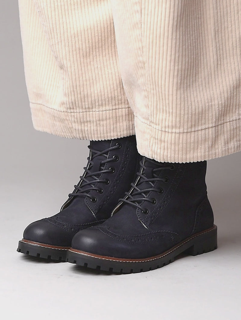 Blue fluffy lined leather brogue boot - FILICO WARMLINED INDIGO NUBUCK