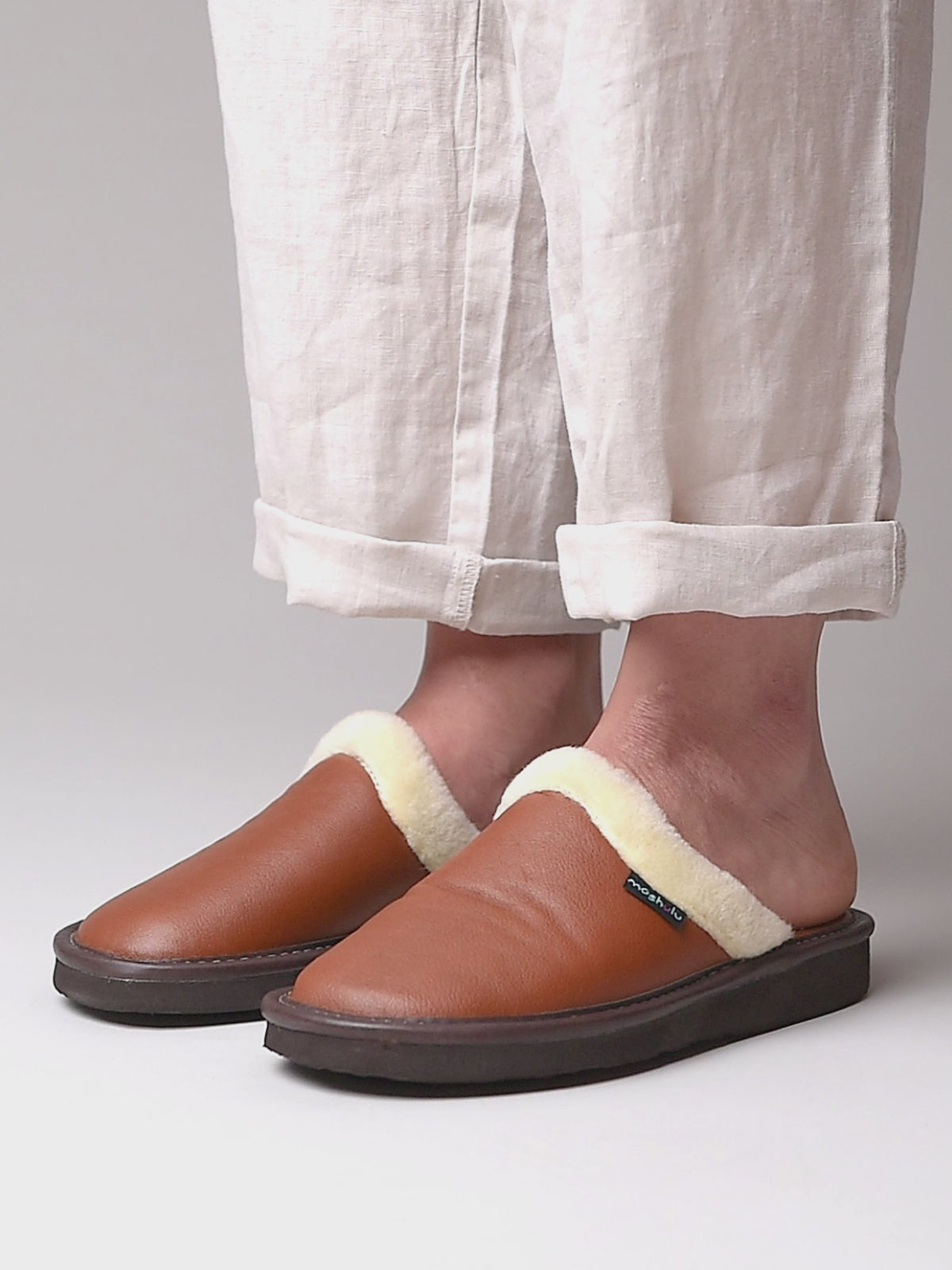 Brown classic leather mule slippers - ADELE 2 TAN
