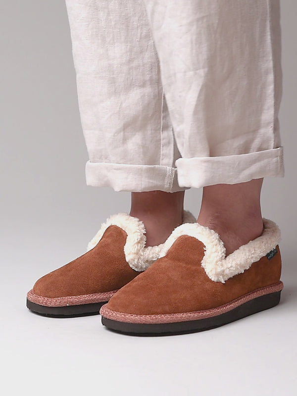 Brown suede fluffy lined full slippers - ONTARIO TAN