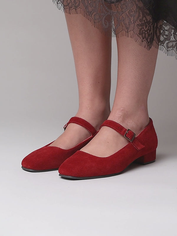 Red front buckle block heels - HEBEI RED SUEDE
