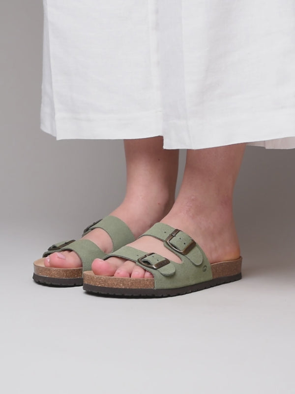 Green leather cork footbed sandals - DANUBE 2 SAGE GREEN SUEDE