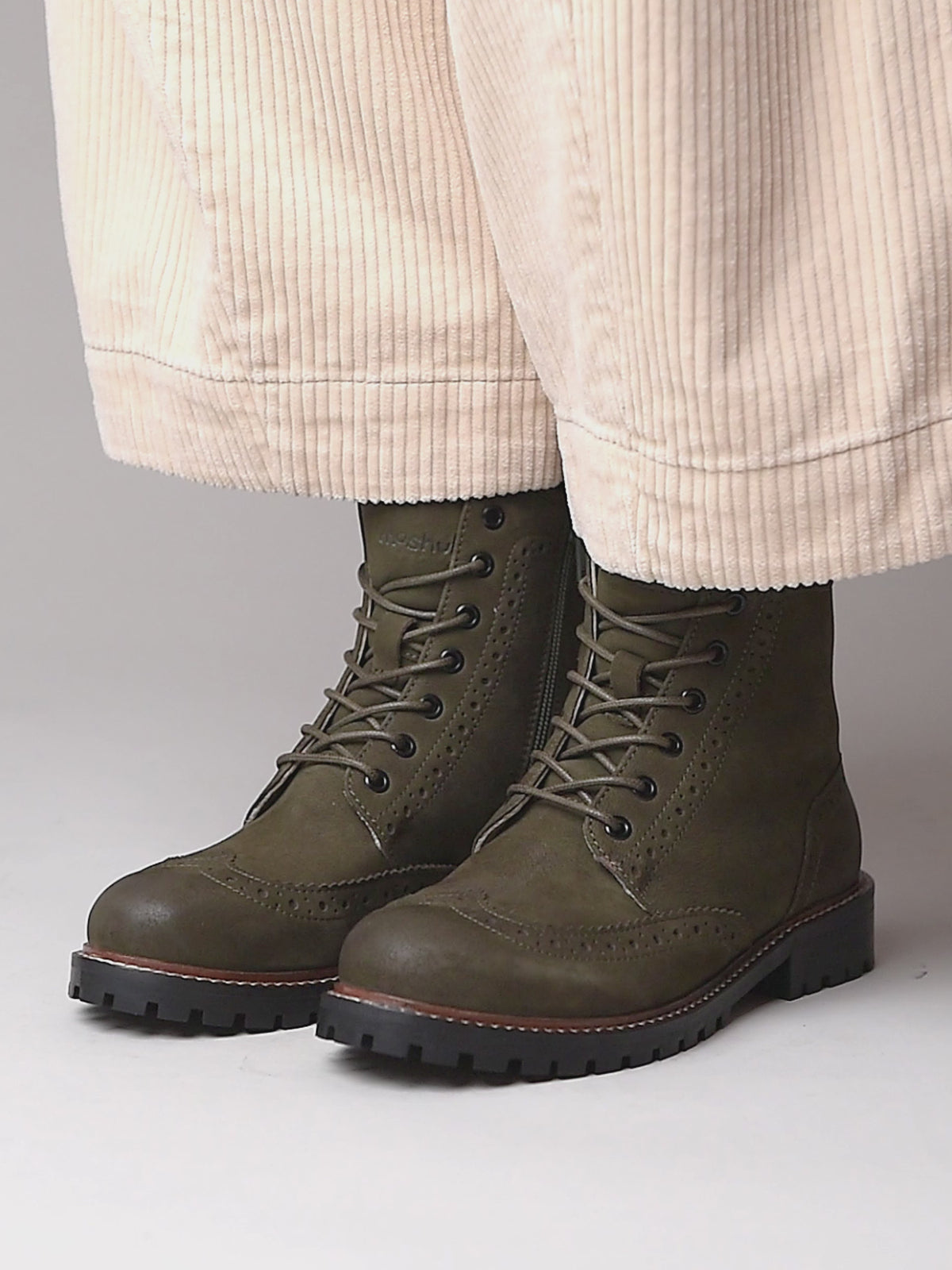 Green fluffy lined leather brogue boot - FILICO WARMLINED OLIVE GREEN NUBUCK