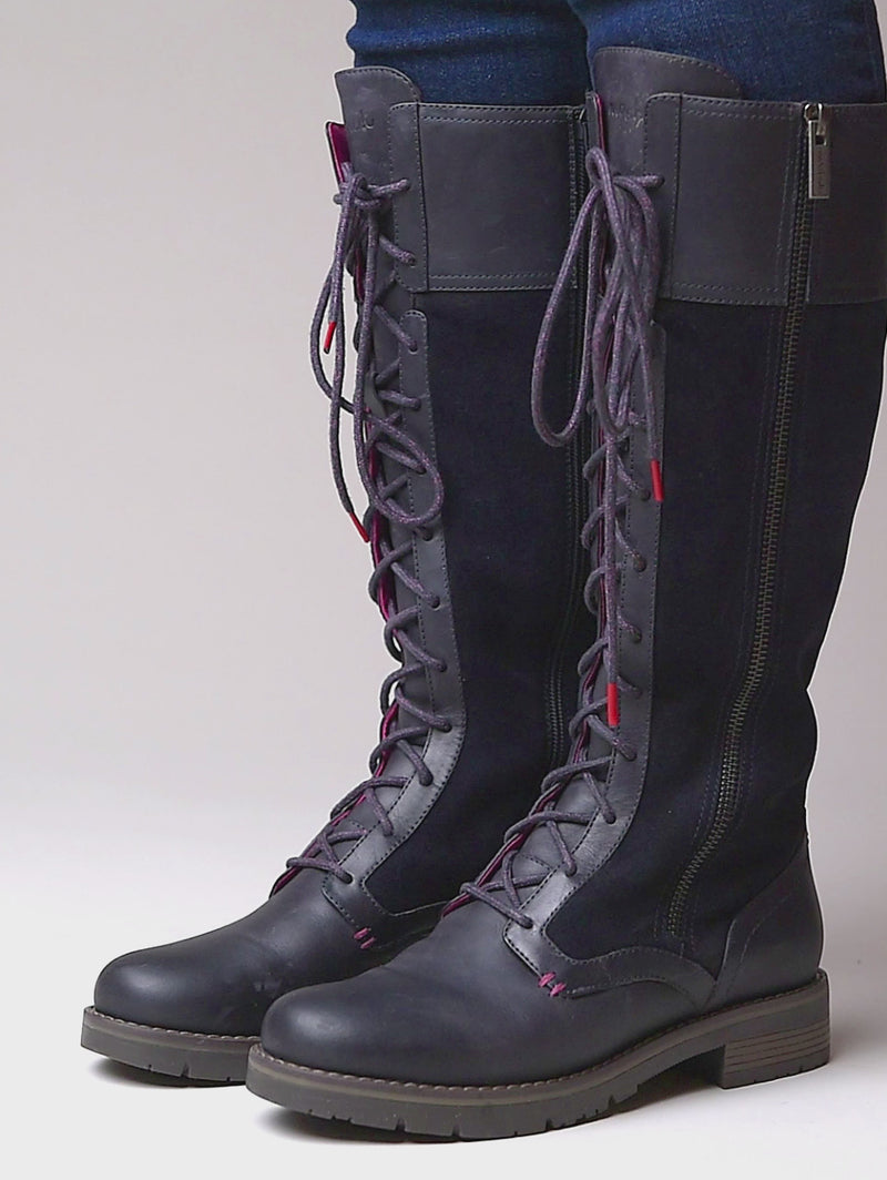 Blue long adjustable lace-up boots - AIMEE NAVY