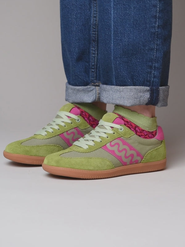 Green sporty lace up trainers - MARGOT LICHEN GREEN/FUCHSIA PINK
