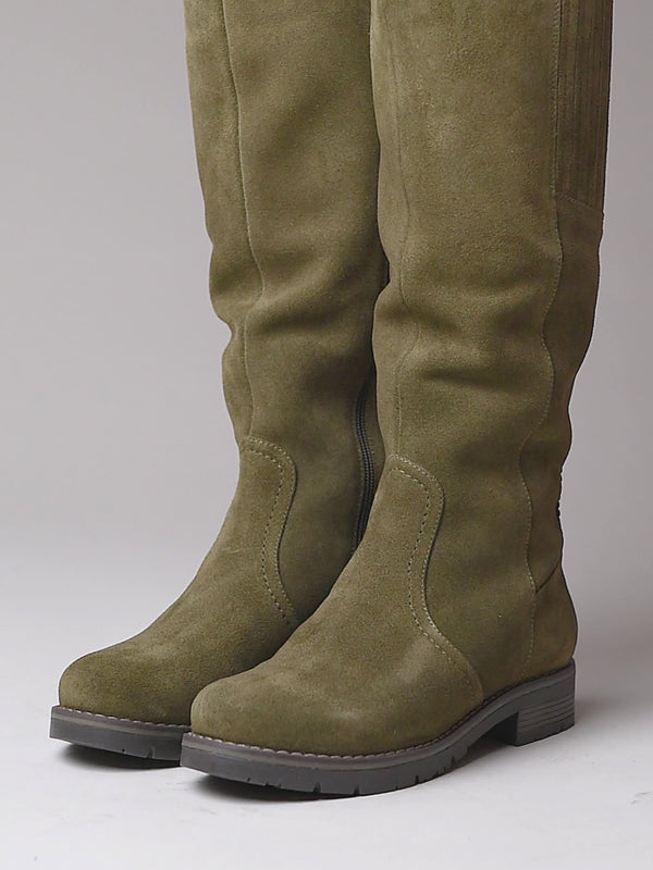 Green long suede stretch boots with faux fur lining - LEIF OLIVE GREEN SUEDE