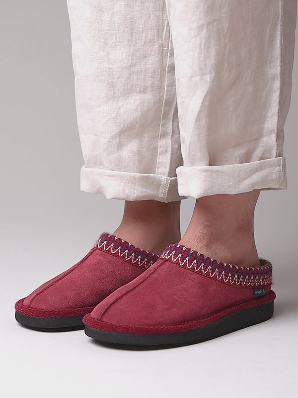 Red suede Turkish mule slippers - ALASKA 2 CRANBERRY