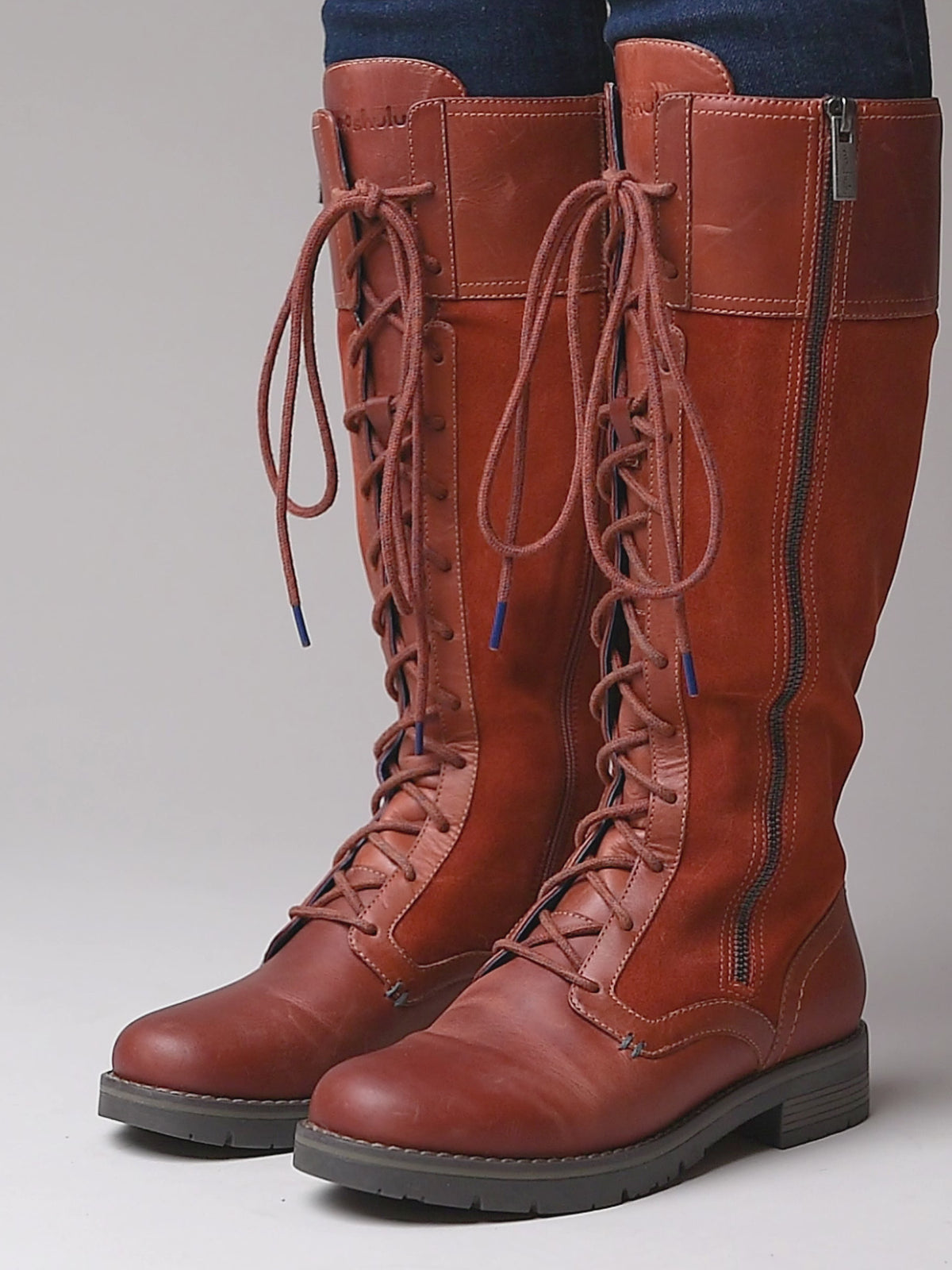 Orange / Red / Brown long adjustable lace-up boots - AIMEE TERRACOTTA