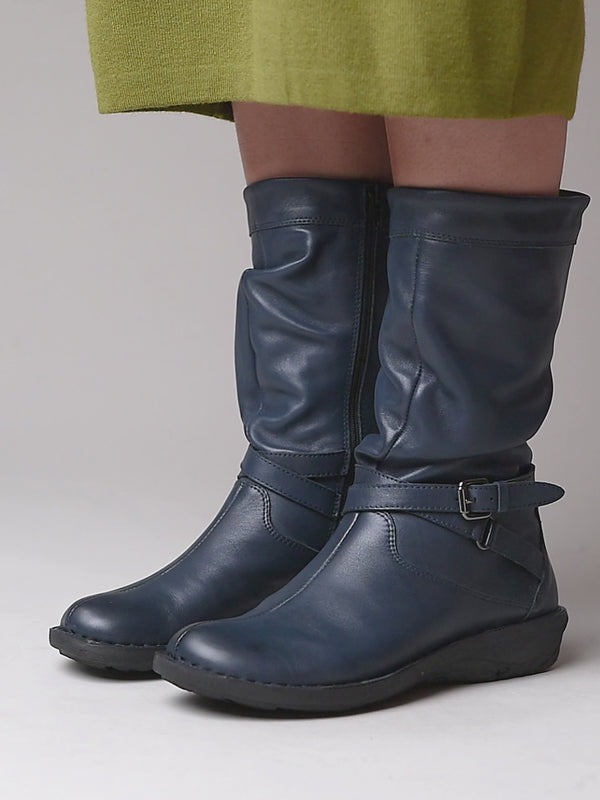 Blue slouchy mid-length leather boots - TEACAKE INDIGO