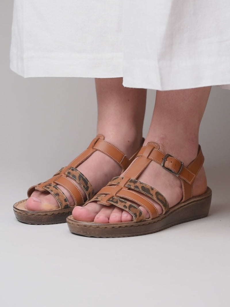 Brown platform wedge strappy sandals - PARADAS TAN/LEOPARD PRINT