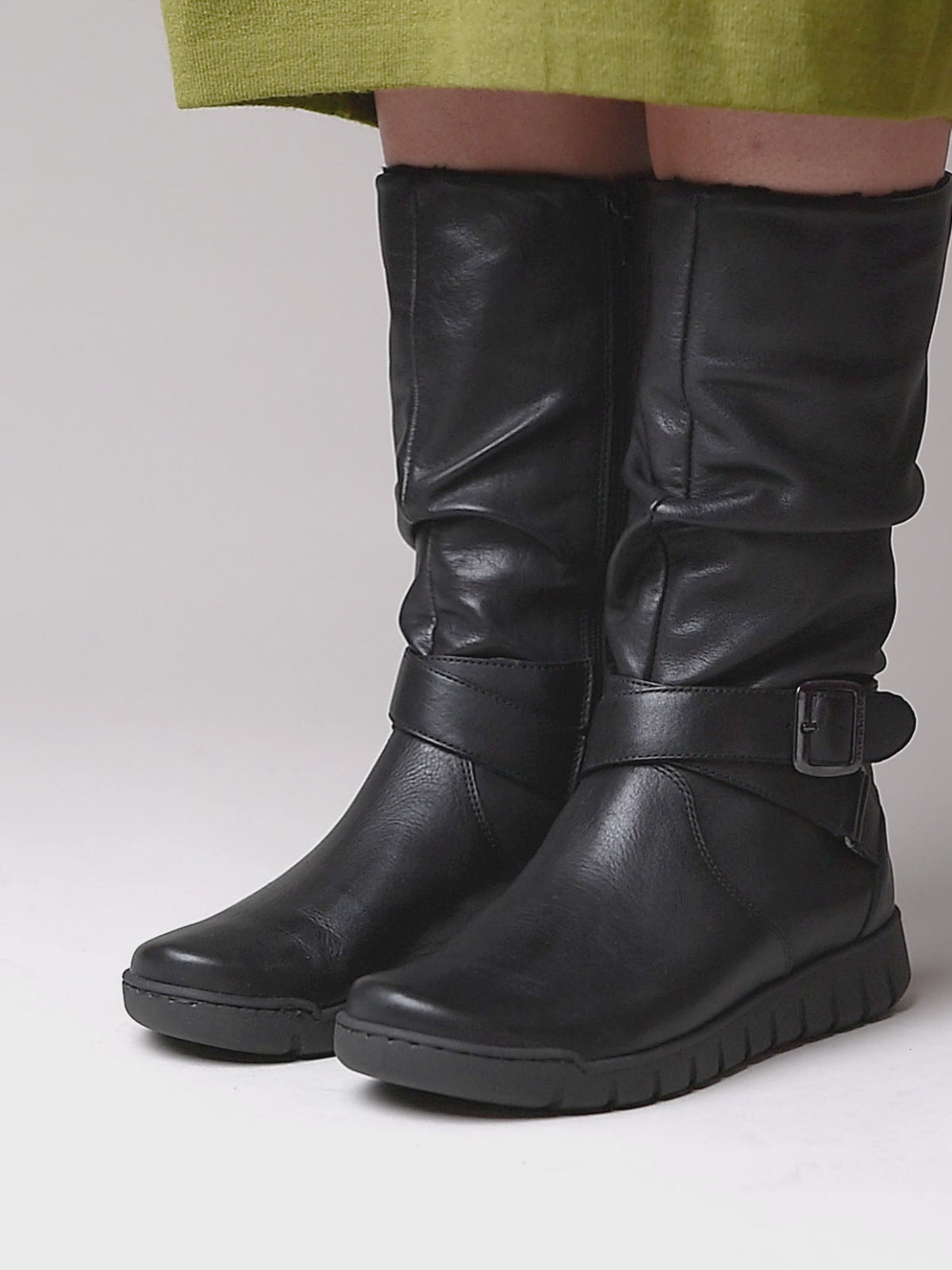 Black ruched leather mid-length boots - MALMO BLACK