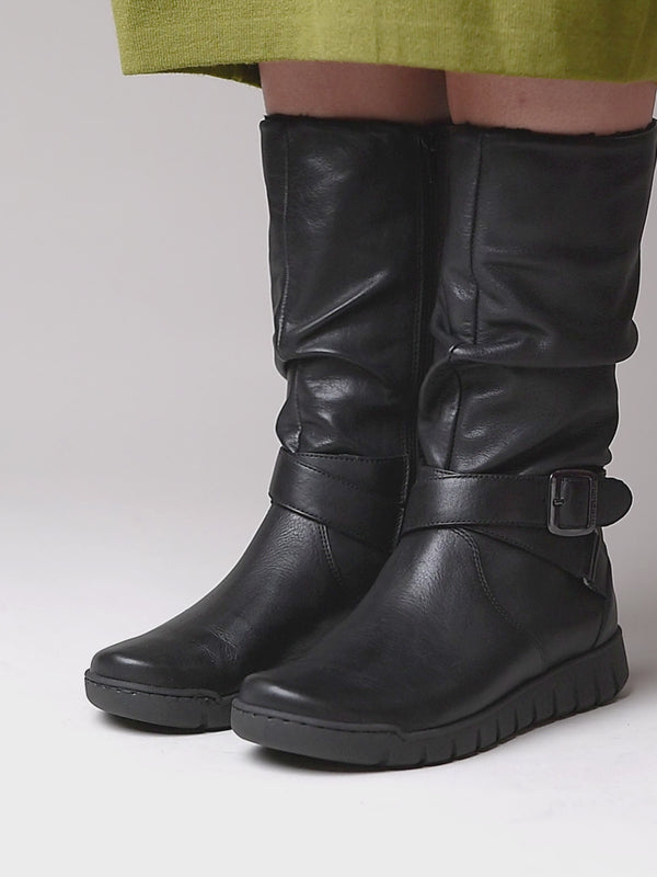 Black ruched leather mid-length boots - MALMO BLACK