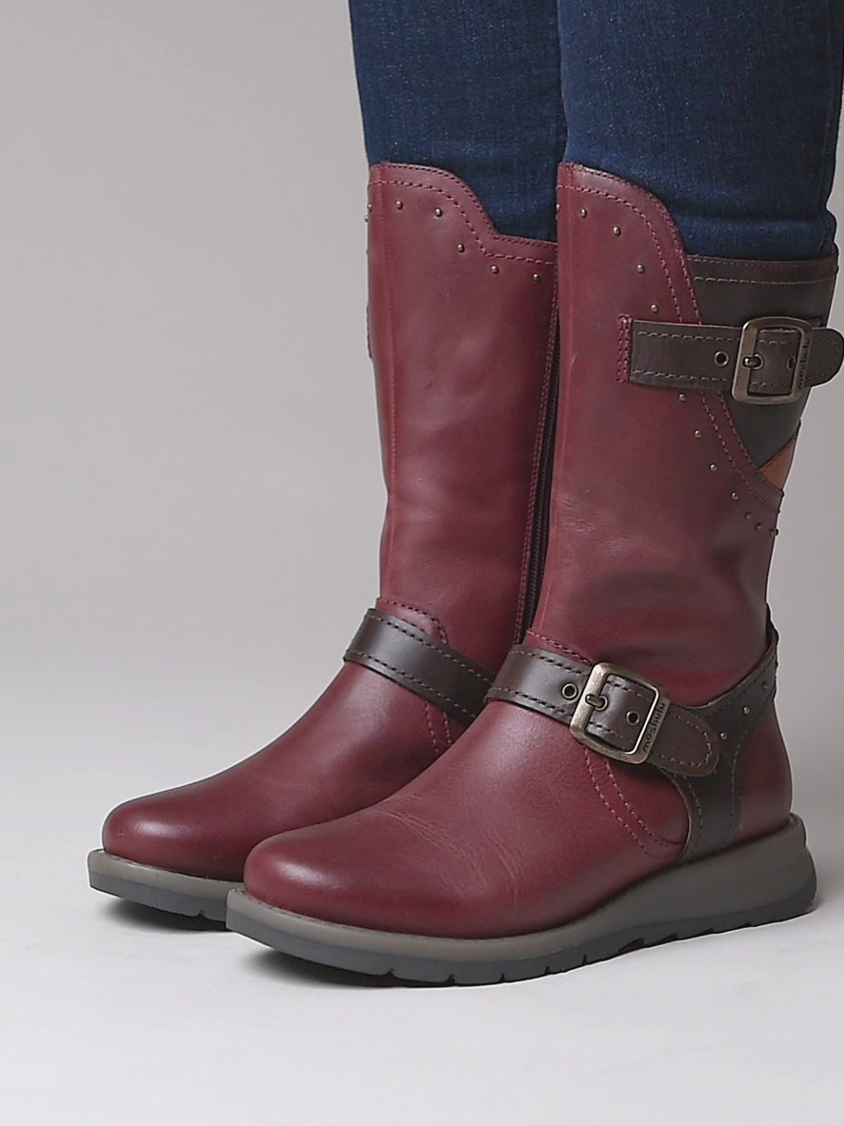 Red mid-length biker style boots with studs - NIGHTJAR STUD ZINFANDEL RED/BROWN LEATHER