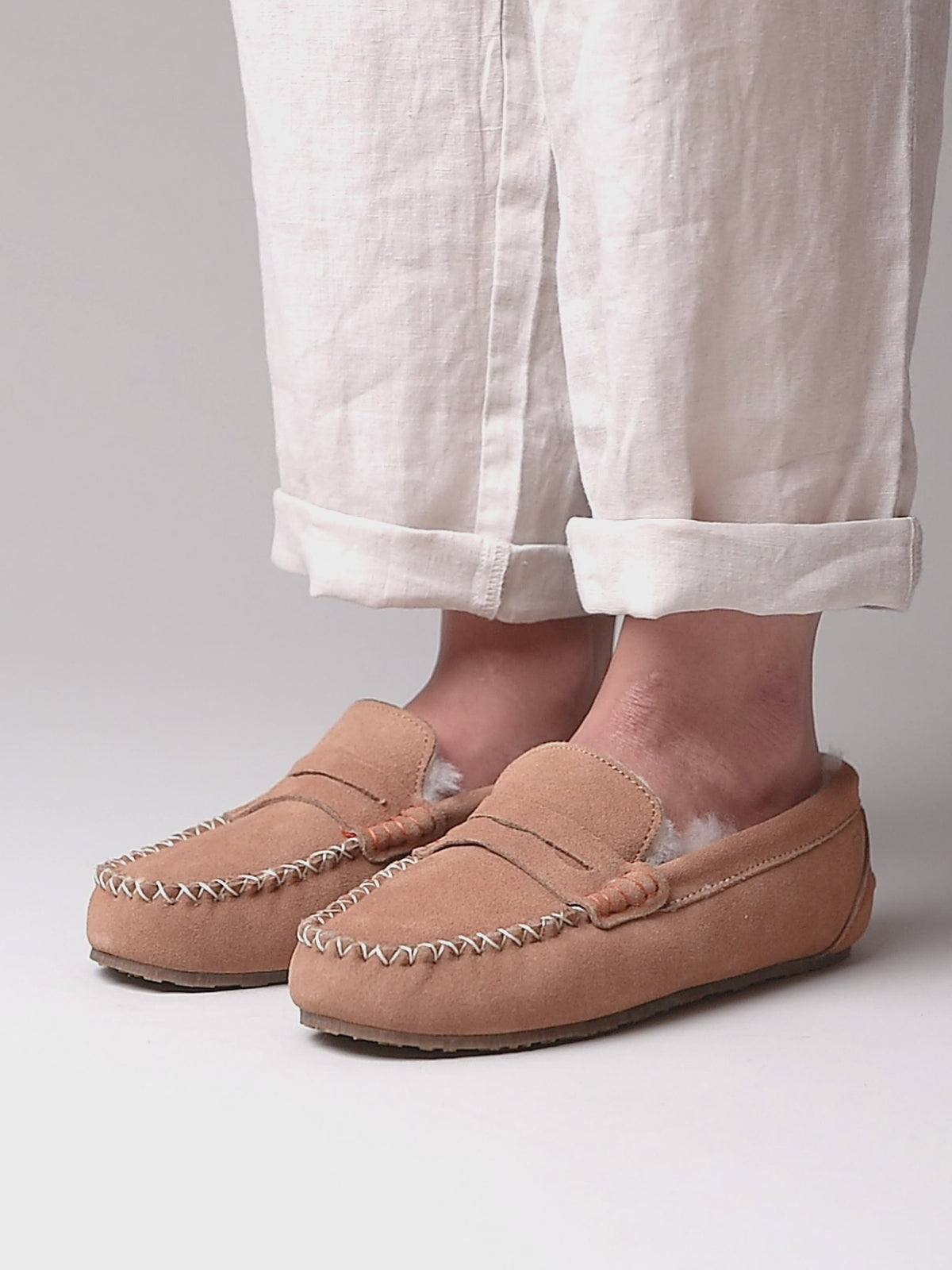 Brown suede moccasin sheepskin slippers - JOCUND TAN