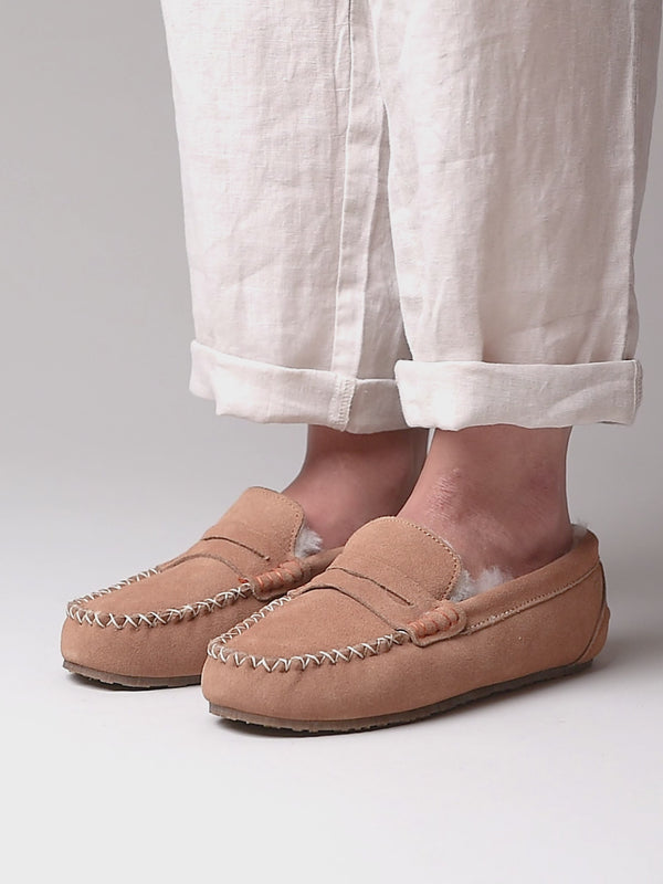 Brown suede moccasin sheepskin slippers - JOCUND TAN