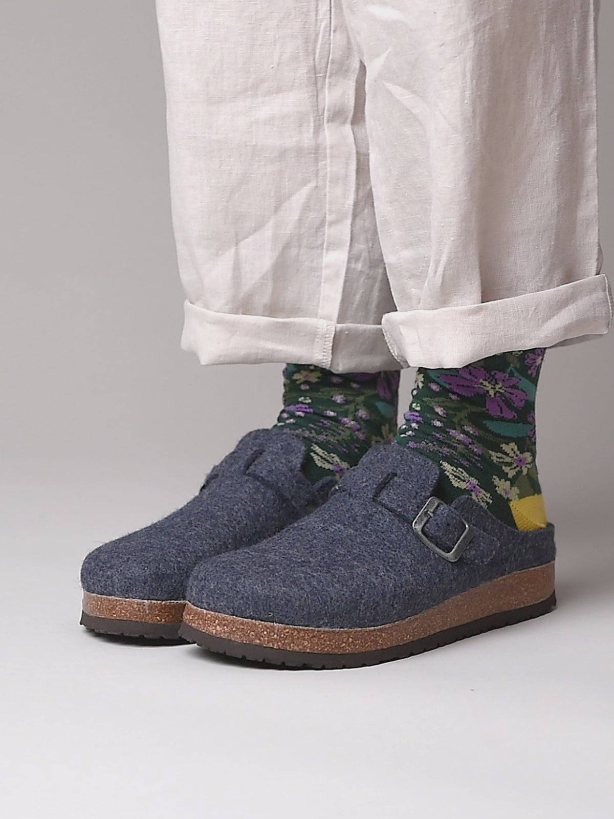 Blue wool felt clog mule slippers - CECILIA INDIGO