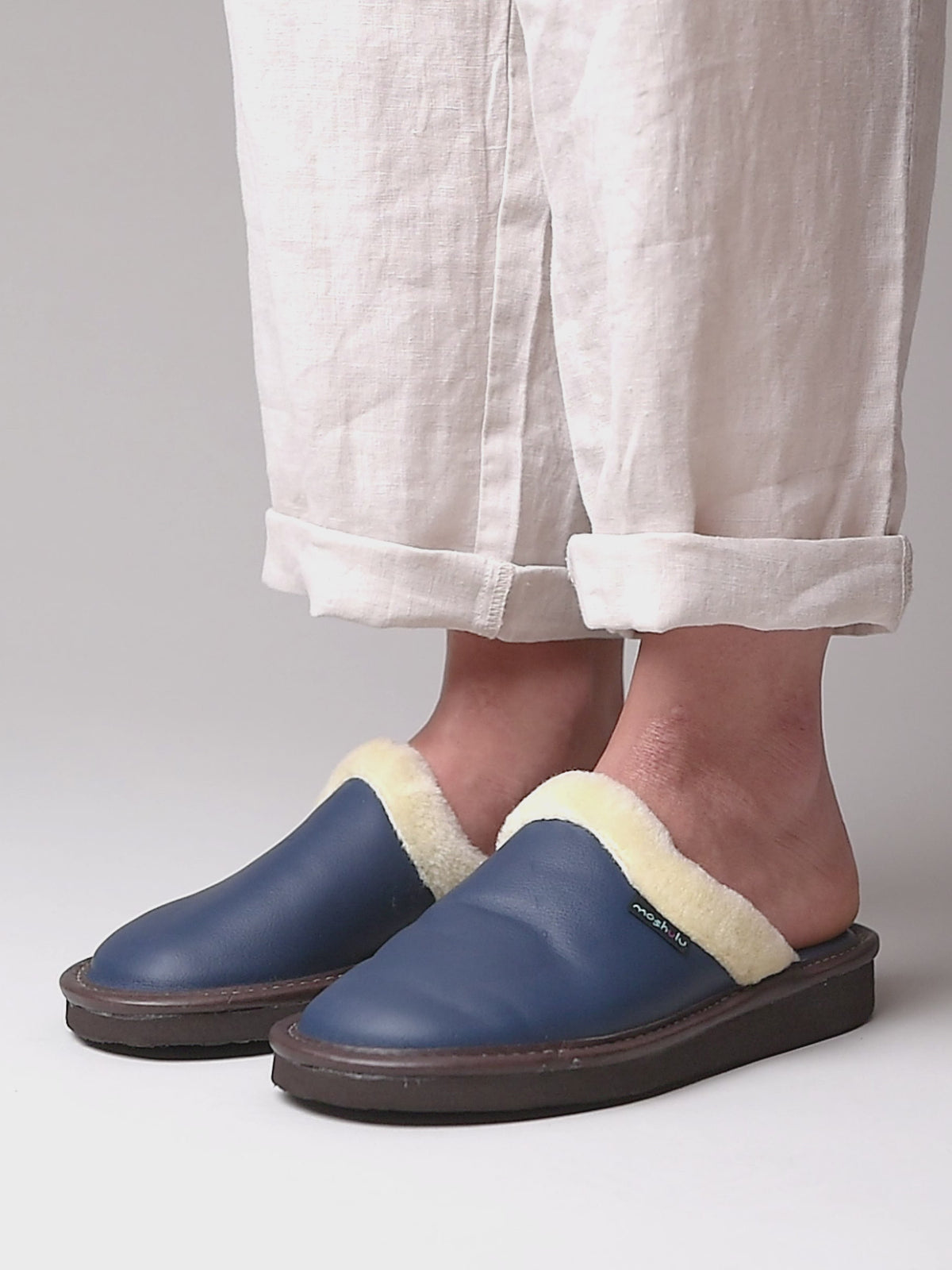 Blue classic leather mule slippers - ADELE 2 INDIGO